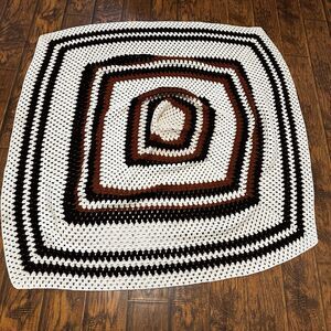 Vintage Handmade‎ Crochet Cream Brown Square Pattern Afghan Blanket 58x58”